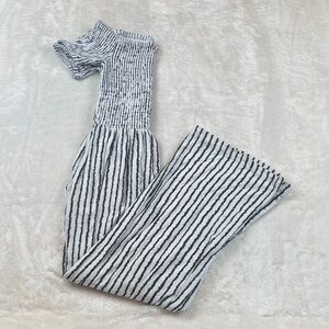 J for Justify Black & White Striped Wide-Leg Jumpsuit with Smocked Bodice